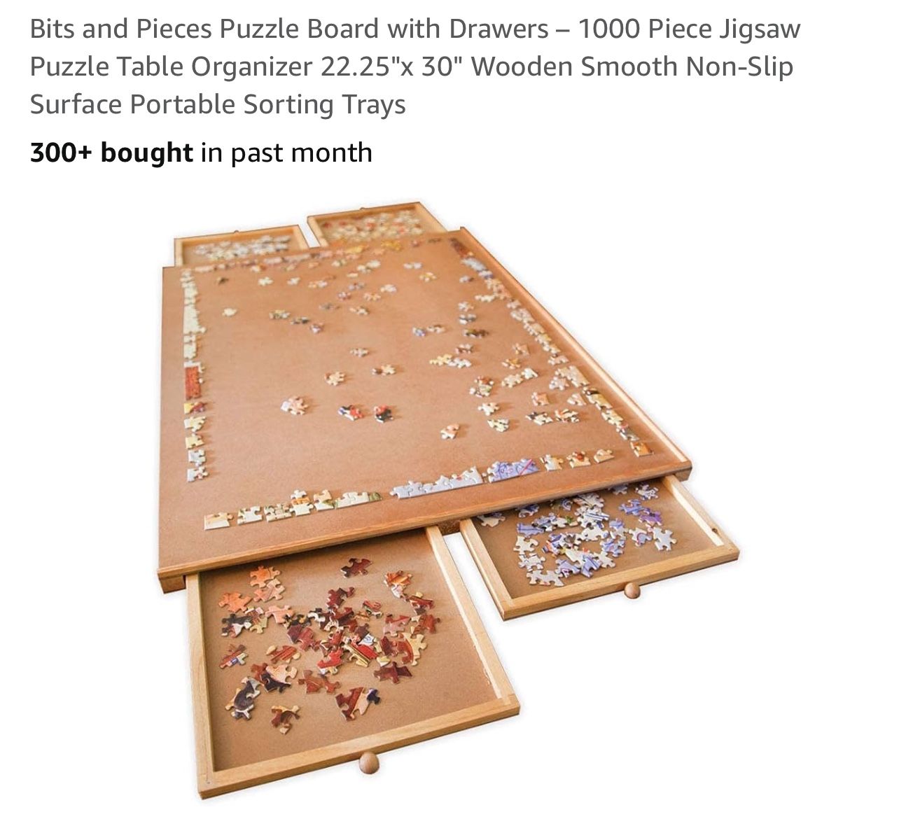 Bits and Pieces Puzzle Board with Drawers – 1000 Piece Jigsaw Puzzle Table Organizer 22.25"x 30" Wooden Smooth Non-Slip Surface Portable Sorting Trays