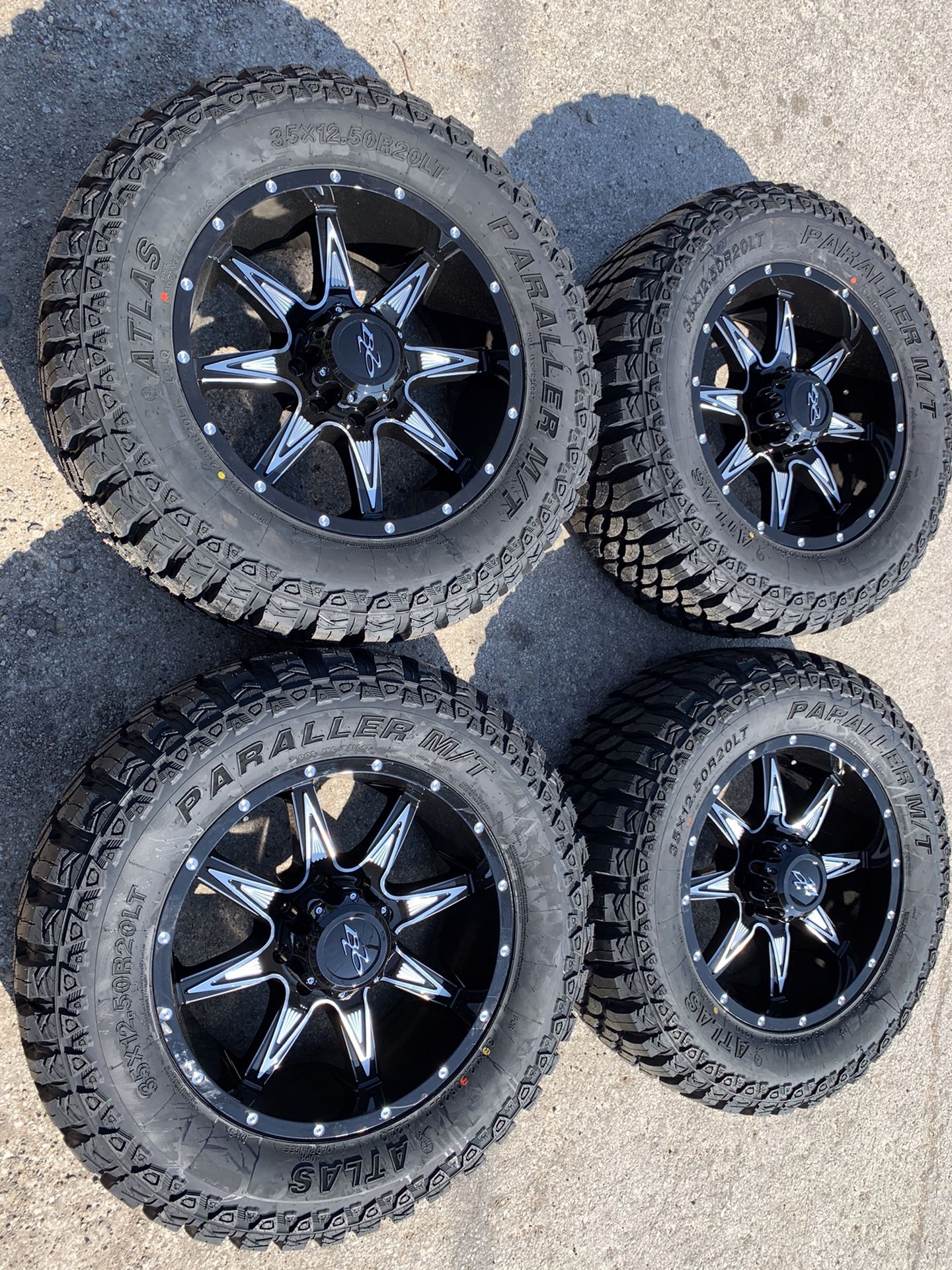 New 20” Black off road Rims and All Terrain tires 20 Wheels 20s Rines y llantas Dodge ram Chevy Silverado H2 Hummer GMC Sierra 2500 / 3500 Ford Supe