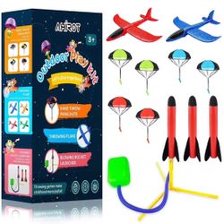 6Pcs Parachute Toy, 2Pcs Airplane for Kid, Rocket Launcher with 3 Foam Rockets for Stomping - 3 in 1 Outdoor Game Toys