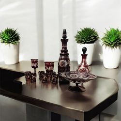 beautiful Rare Vintage Bohemian etched Ruby Red Glass Decanters and glasses plate