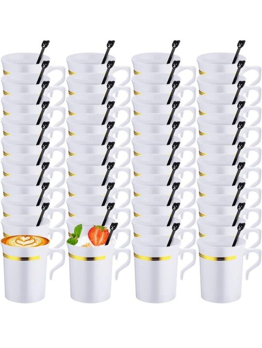 Bokon 100 Pcs Plastic Coffee Tea Cups Reusable 8 oz White Coffee Mugs Bulk with Handle and Spoon with Gold Rim Espresso Cup for Tea Cafe Milk Dessert 