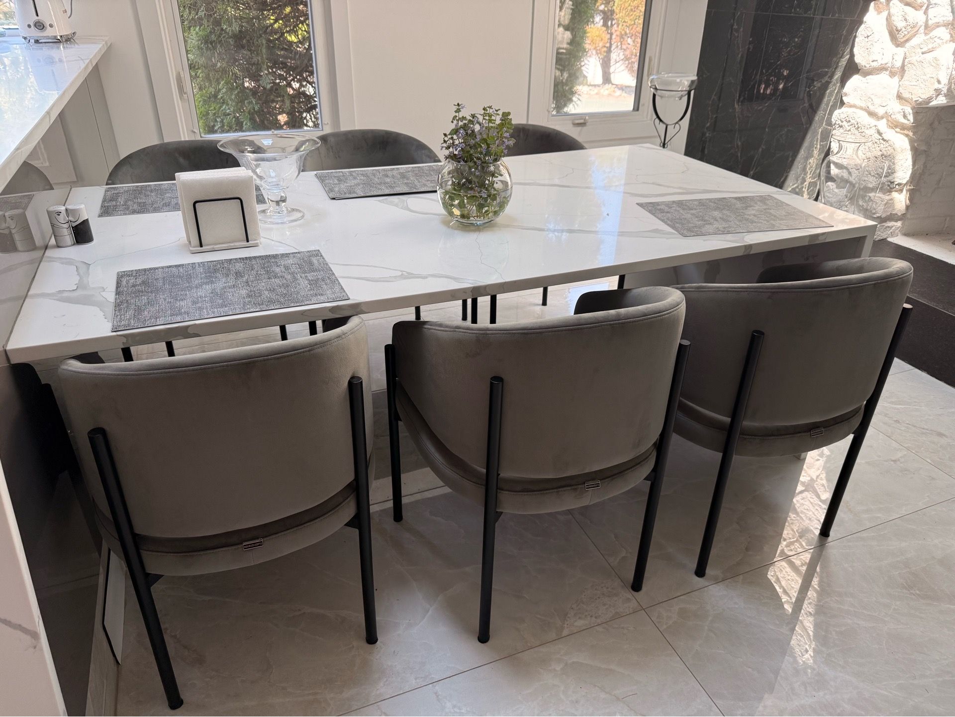 6 Rove Concepts Solana Dining Chairs – Glacier Grey Velvet – Like New