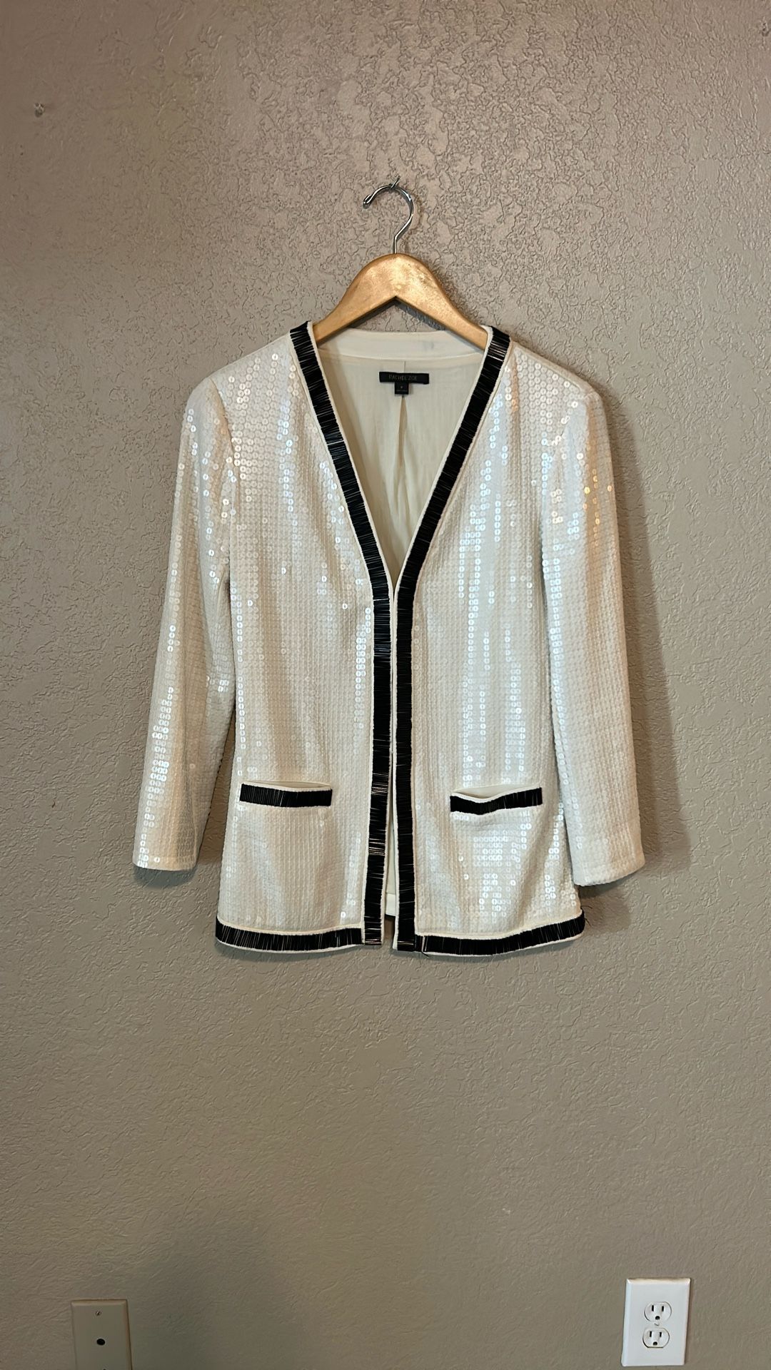 Sequin Cardigan Jacket Small White Long Sleeve Beaded Rachel Zoe