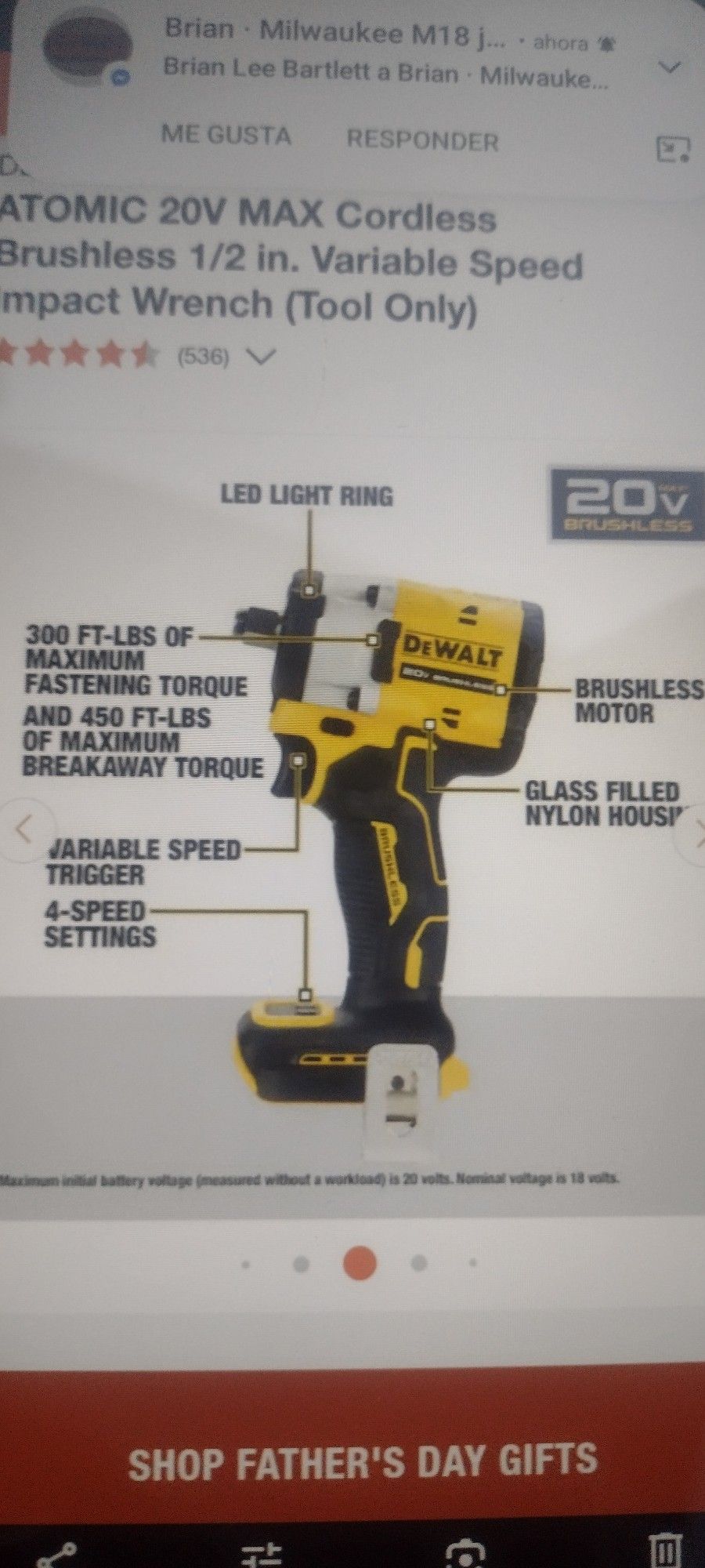 dewalt atomic brushless cordless 1/2' in. impact wrench 4 speed 450 ft-lbs 20v tool only new firm price