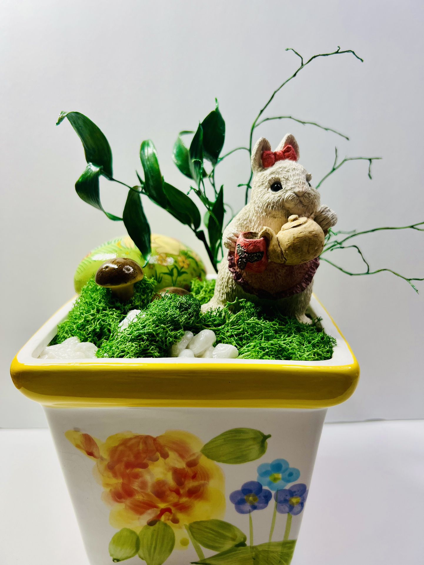 Easter Bunny Garden  Arrangement Real Moss And Unfading Plants In Ceramic Pot