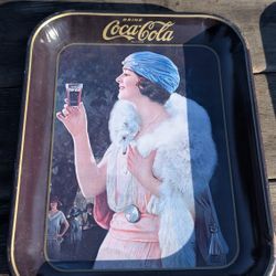 1970s Coca-Cola Advertising Tray Featuring 1920s Flapper Girl in Blue Hat & Fur