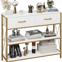 B312 $95  Industrial Console Table with Drawers, Vintage Hallway Foyer Table with Storage Shelves, Narrow Long Sofa Entryway Table for Living Room, Wh
