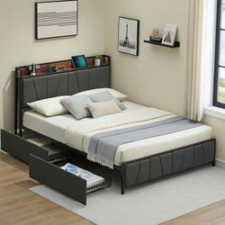 G271-Modern Rustic Twin Bed Frame, Storage Drawers & Charging Station, Upholstered Platform Bed with Storage Headboard, Velvet Fabric, No Box Spring N