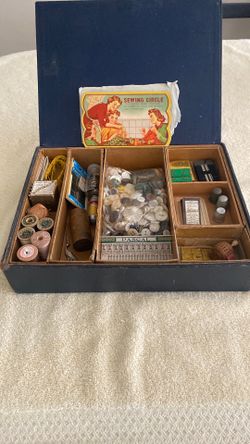 Vintage Sewing Box with 1940s–1950s Sewing Notions – $65