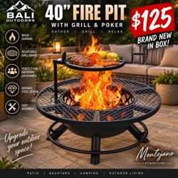 Bali Outdoors 40" Fire Pit with Grill & Poker