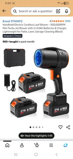 Handheld Electric Cordless Leaf Blower - 500.000RPM Mini Turbo Jet Blower with 2x4.0Ah Batteries & Charger, Lightweight for Patio, Lawn, Garage Cleani