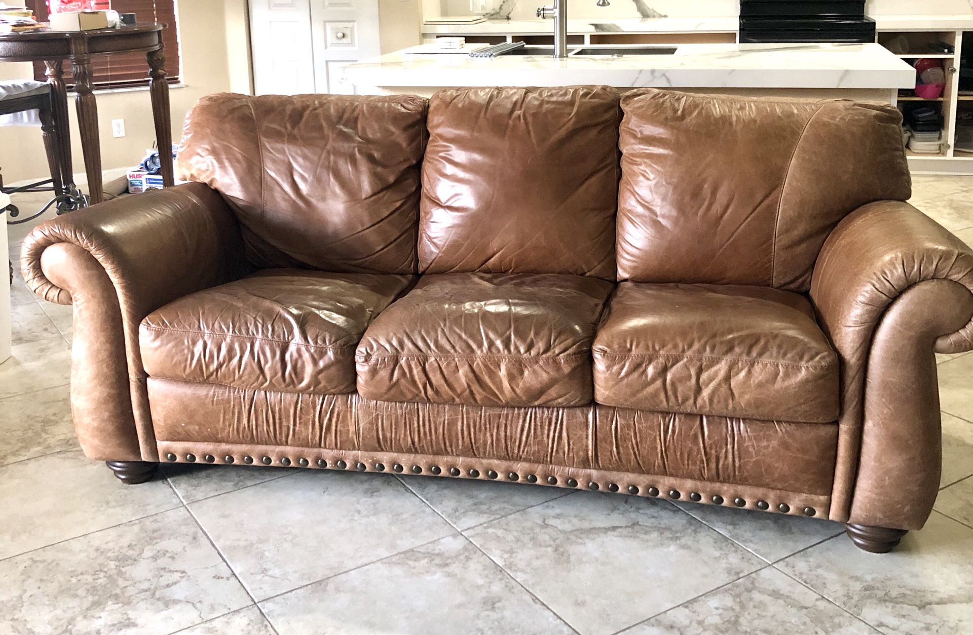 Leather sofa, chair & ottoman set