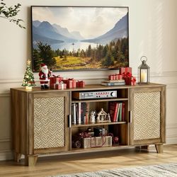 TV Stand for 65 Inch TVs, Boho TV Consoles Cabinet with Power Outlet, Modern Entertainment Center for Living Room, Media Console with Doors and Shelve