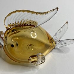 Art Glass Yellow Puffer Blowfish Hand Blown Paper Weight