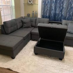 Brand New Grey Sectional Sofa With Storage Ottoman 