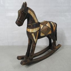 Wooden Rocking Horse Vintage Folk Art Hand Crafted & Brass Accents 13"
