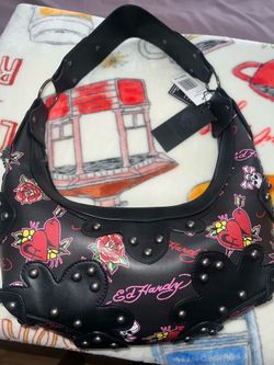 Ed hardy Black Tattoo Print Studded Hobo Bag