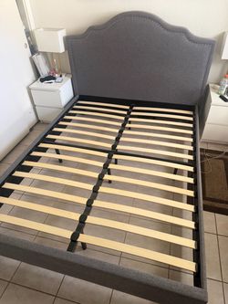 Queen-Size Gray Upholstered Bed Frame