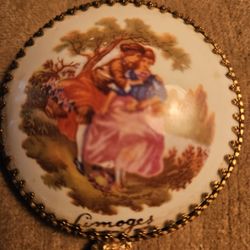 Vtg. Limoges Hand Mirror W. Fragonard Painting  On Porcelain 