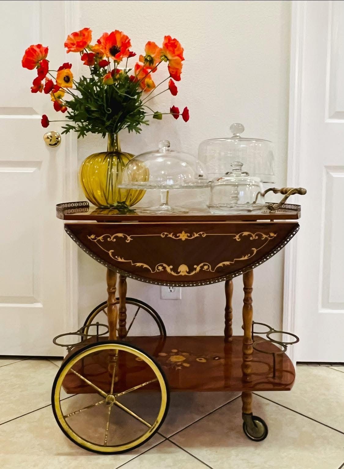 English Vintage Inlaid Wood Bar Cart / Tea Trolley