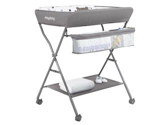 Baby Changing Table with Wheels, Maydolly Portable Adjustable Height Folding Diaper Station with Nursery Organizer & Storage Rack for Newborn Baby and