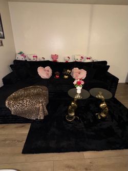 Black plush couch + rug