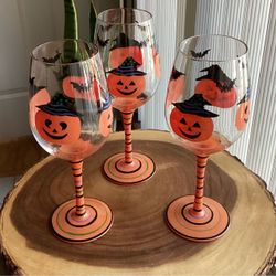 Set of 3 PIER ONE hand painted Halloween Pumpkin wine glasses , they are very rare and unique pieces