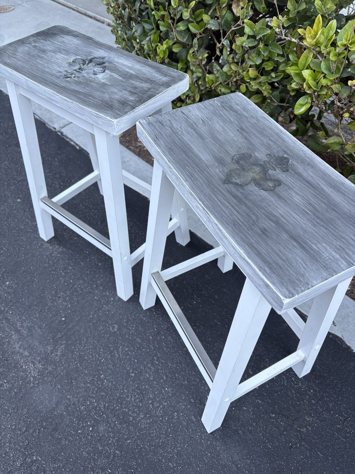 Two Solid Wood Hand Painted Counter Barstools