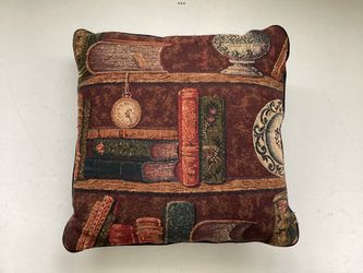 Preowned 1980s Throw Pillow 15” x 15” Tapestry-Look Fabric Bookshelf / Library / Book Themed 