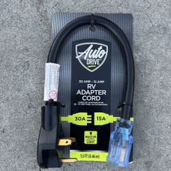 Power Cord-RV Adapter Cord, at 1.5 Ft Long, 30 AMP to 15 AMP, Built in Power Indicator Light. “BRAND NEW” by Auto Drive.