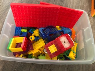 Lego toys + covered storage boxes
