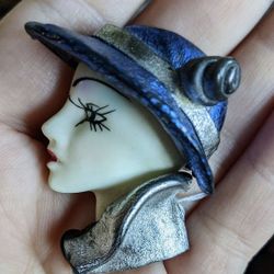 Vintage HTF Mcm Brooch Pin Porcelain Hand Painted Boho Jewelry Costume 