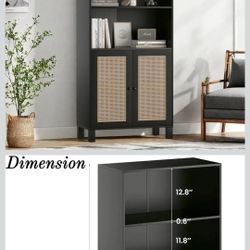 FONTOI Tall Bookshelf, 5-Tier Book Shelf with 2 Rattan Doors, Freestanding Bookcase Display Shelves with Large Storage, Book Case for Living Room, Off
