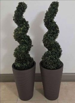 *** JUST REDUCED *** PAIR of 3ft Faux Boxwood Spirals in 18in Dark Brown Planters (2 for $110) @ Lasting Creations