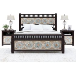 English Garden Wood Hand Carved King Size Bed Frame w Foot & Headboard