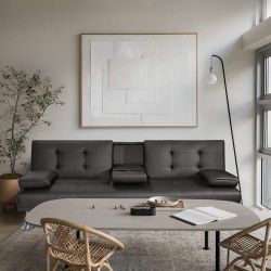 New Sofa Bed Modern Faux Leather Bed Convertible Folding Recliner for Living Room with 2 Cup Holders and Armrest Modern PU Leather Convertible Futon w