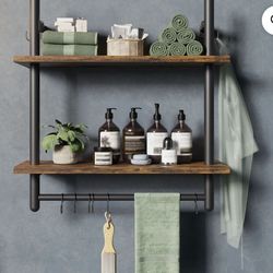 Two tier shelf with hanging hooks