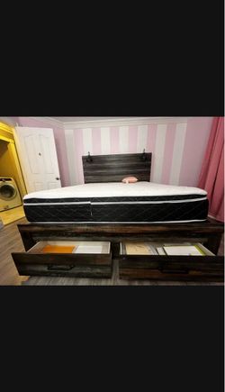 Dark Wood Storage Bed Frame with Headboard