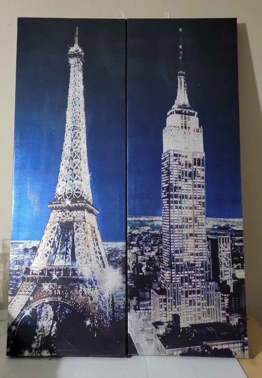 Eiffel Tower & Empire State 24-inch Long Bedazzled Hanging Wall Pictures