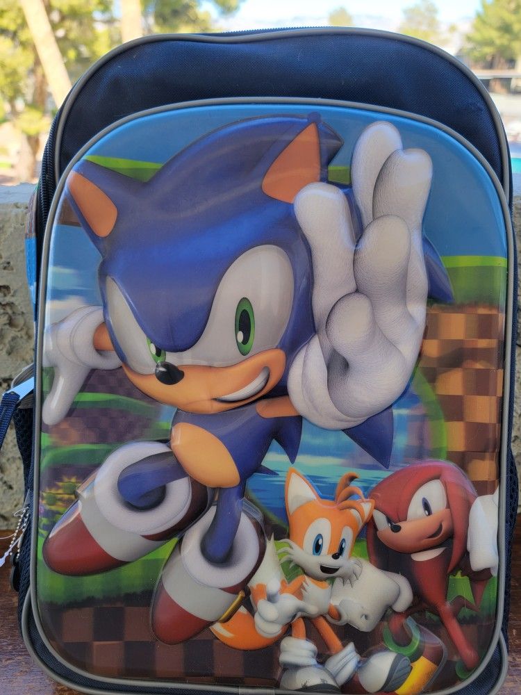 Sonic The Hedgehog Boys 17" Let's Roll Backpack 3d With Keychain New