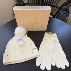 Michael Kors White Beanie and Glove Set with Pom Pom