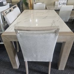 Brand New Natural Dining Table (58"×40"×30"H) + 4 Biege Linen Chair + Bench