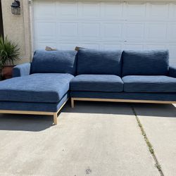 Brand New. Mid Century Modern Sofa Sectional. Capri Blue/Natural Finish Frame. Retails Over $2200