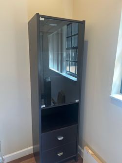 Tall Dark Wood Cabinet with Glass Door and Drawers