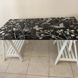 Glass top desk with stand and chair