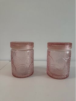Set of 2 Pink Embossed Glass Apothecary Storage Jars with Lids | Vanity Bathroom Decor