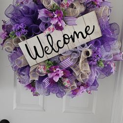 Welcome Wreath W Purple Mesh And Flowers