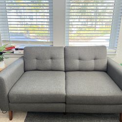 Burrow Nomad Loveseat Modular Sofa Couch and Nomad Ottoman in Heather Charcoal, Walnut Wood Legs