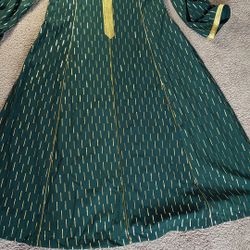 Dark Green Dress With Golden Print And Neck Design