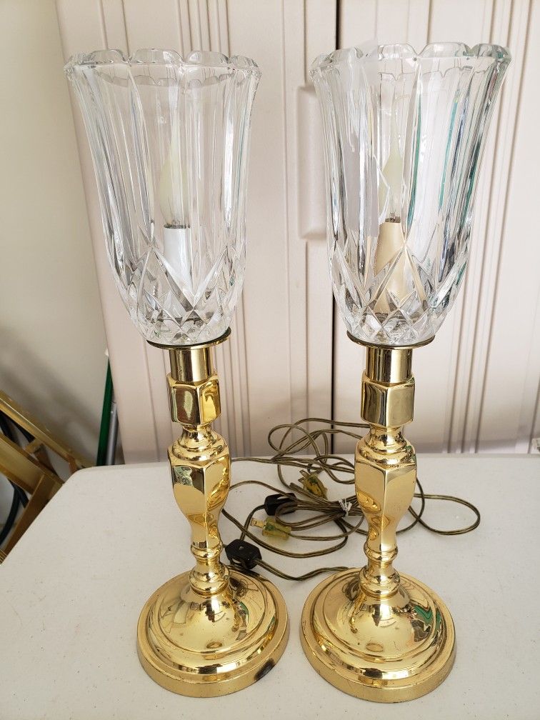 Vintage Gold Brass Candlestick Torchiere Lamps Cut Crystal Globe 16.5" Tall